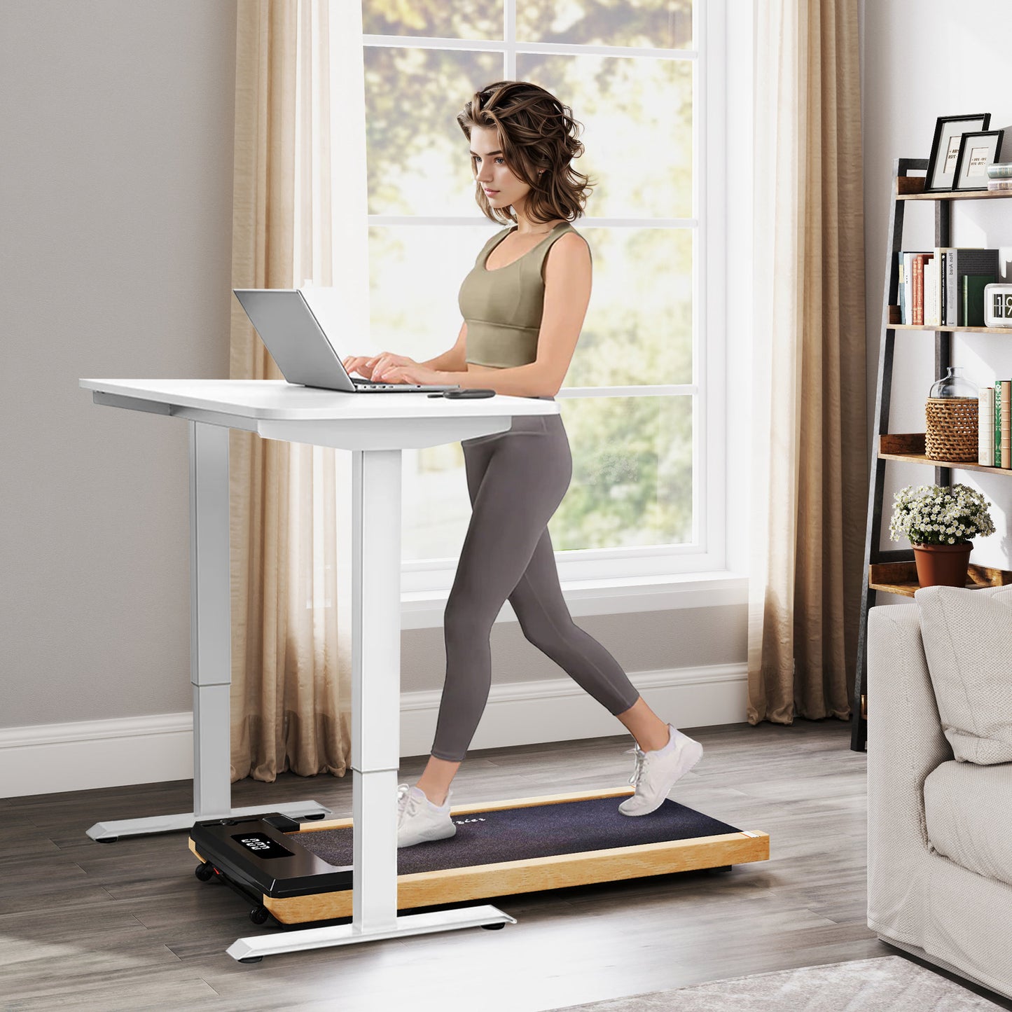 2.5HP Walking Pad, Wood Under Desk Treadmill with Remote Control, Transport Wheels and LED Display for Home Gym Office