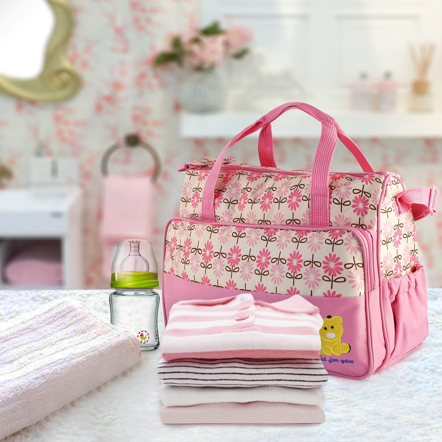 5PCS Per Set Baby Nappy Diaper Bags Set Mummy Diaper Shoulder Bags WithNappy Changing Pad Insulated Pockets Travel Tote Bags For Mom Dad