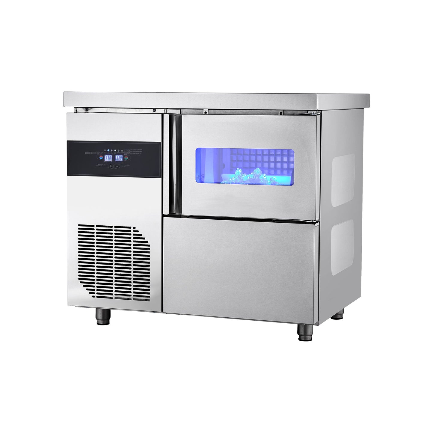 Commercial Ice Maker Machine, 132 Lbs/24H Stainless Steel Ice Machine With Worktop, 30 Lbs Storage & 70 Cubes/Cycle, Self-Cleaning Freestanding Ice-Making For Home Bar Office Restaurant Kitchen