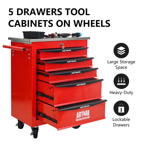 5 Drawers Multifunctional Tool Cart With Wheels,Metal Rolling Tool Cart Storage For Garage Workshop Warehouse Repair Shop--With Stainless Steel Roof--Red  Black