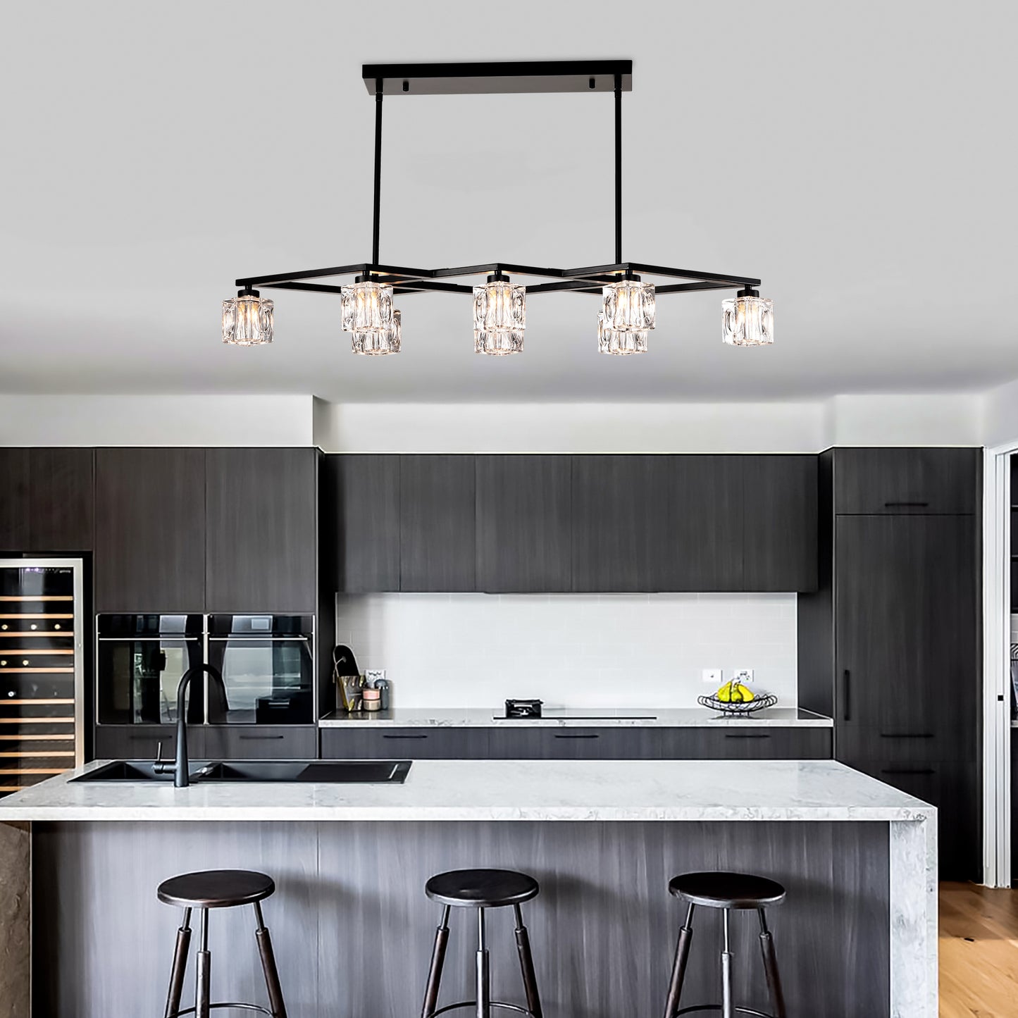 Matte Black Crystal Chandelier For Dining Room, 8-Light Kitchen Chandelier Light Fixture Modern Metal Industrial Chandeliers For Farmhouse Entryway Living Room