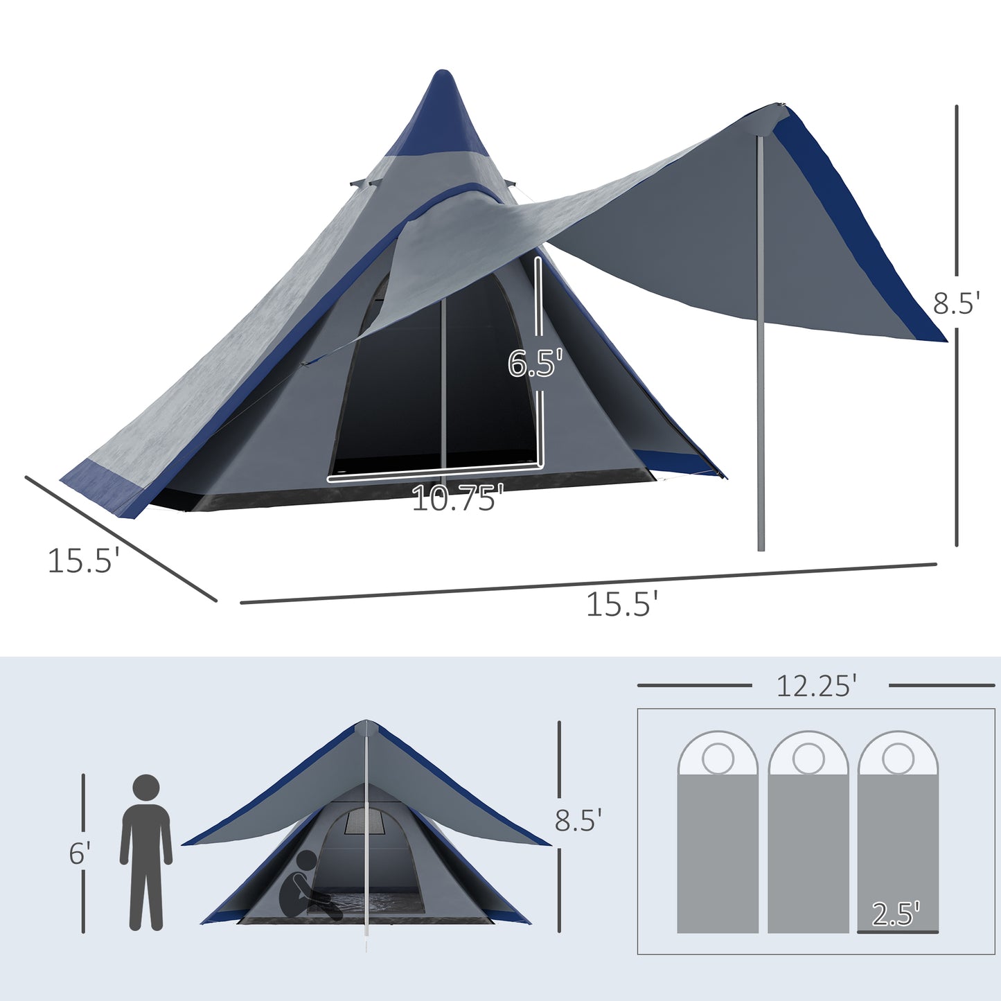 15.4'x15.4'x8.5' Teepee Tent, Waterproof Camping Tent With Porch Area, Floor And Carry Bag, For 2-3 Person Outdoor Backpacking Camping Hiking, Blue