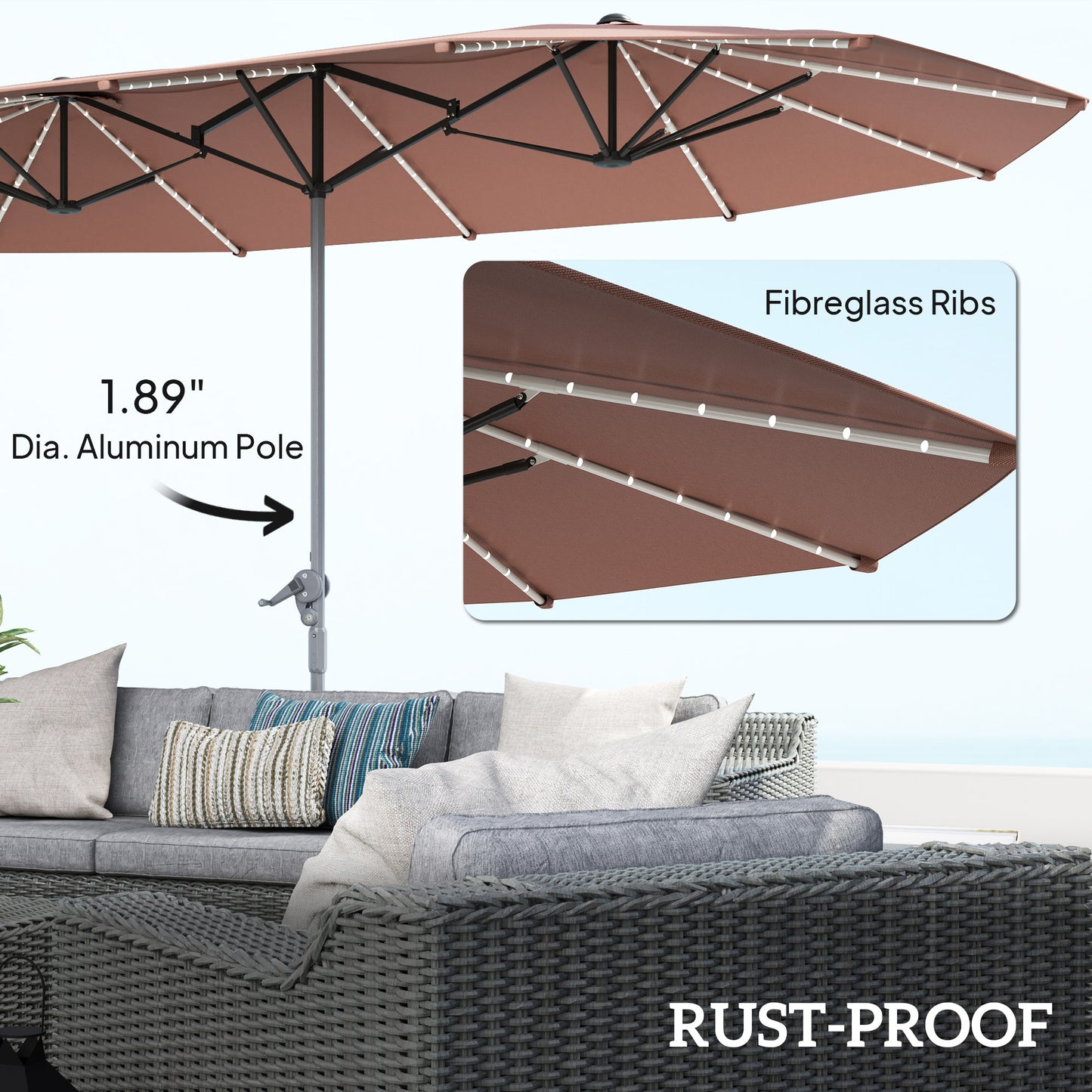 15ft Double-Sided Outdoor Umbrella With Solar Lights,  Extra Large Aluminum Patio Umbrella With Crank, Tan