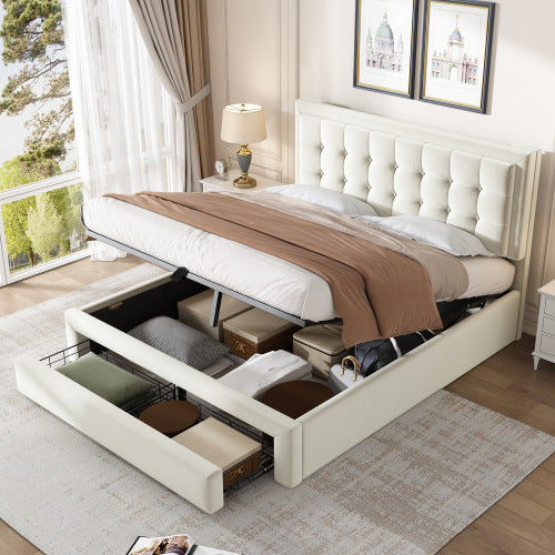 Upholstered Bed,Double Bed-4ft6135X190cm, Velvet Fabric, Double Bed, Large Storage Space,With Slats And Headboard,Without Mattress,Cream