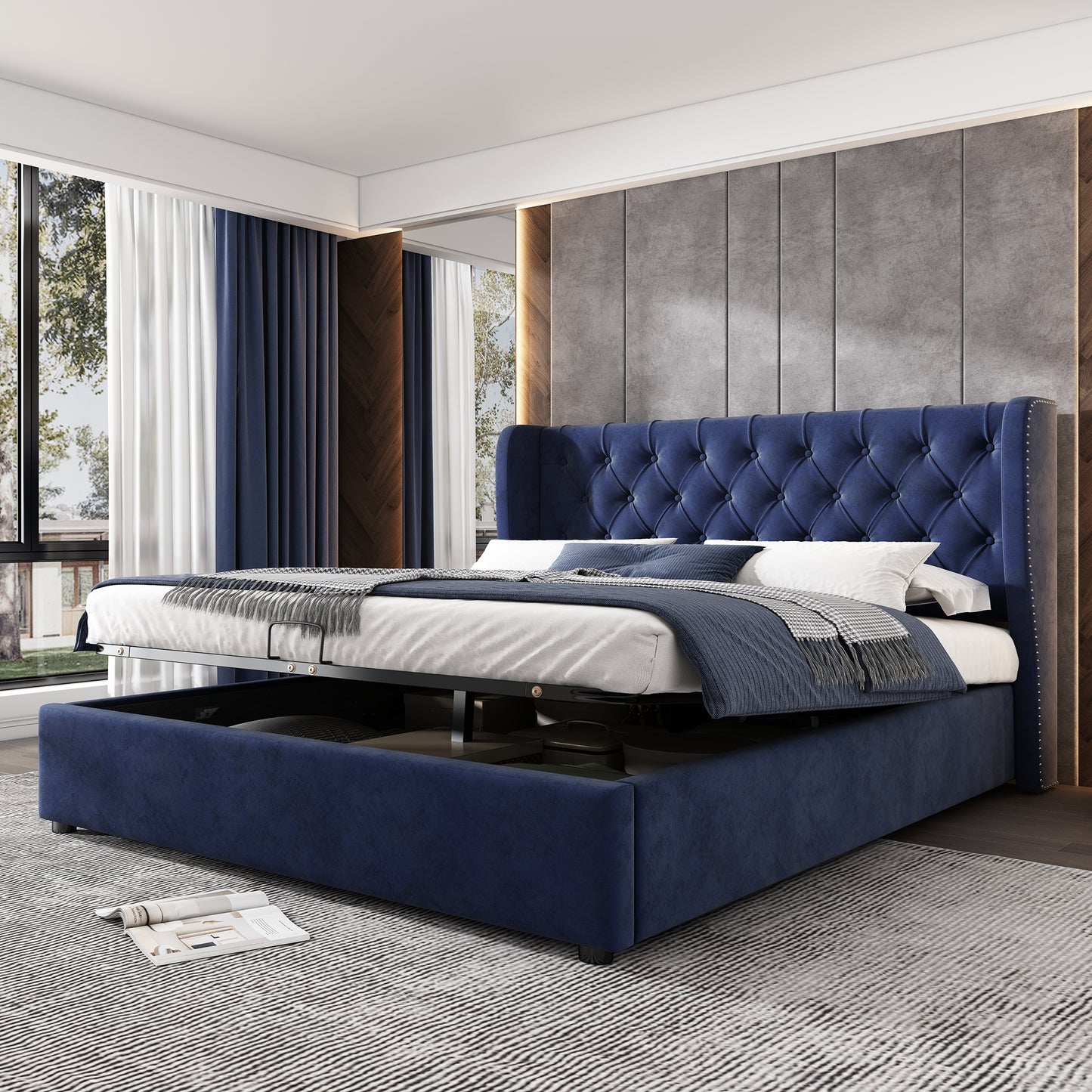 Upholstered Bed, With Hydraulic Lever, Functional Bed From Storage, 135 X 190 Cm, Without Mattress, Velvet, Blue