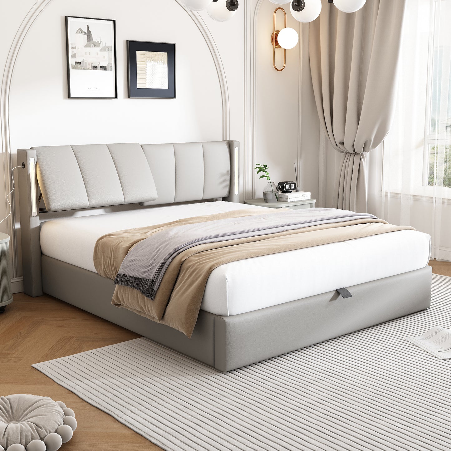LED Upholstered Bed ,Double Bed-4ft6 135X190cm Hydraulic Bed, Rechargeable USB Port In Bed, With LED Lighting, With Storage Space, Adjustable Headboard, PU , Grey