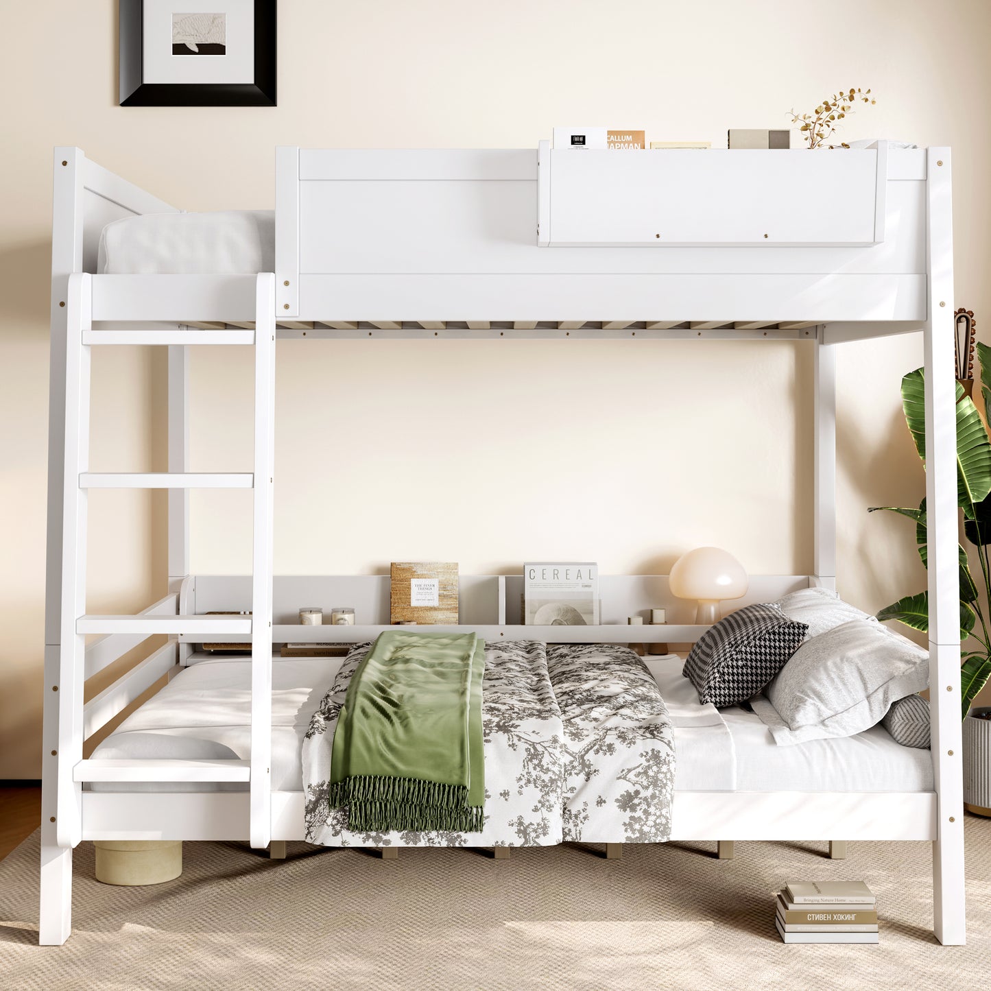 Full Bunk Bed With  Storage Shelf And Bookshelf,Wood Bunk Bed With Ladder And Guardrails,Detachable Design,White