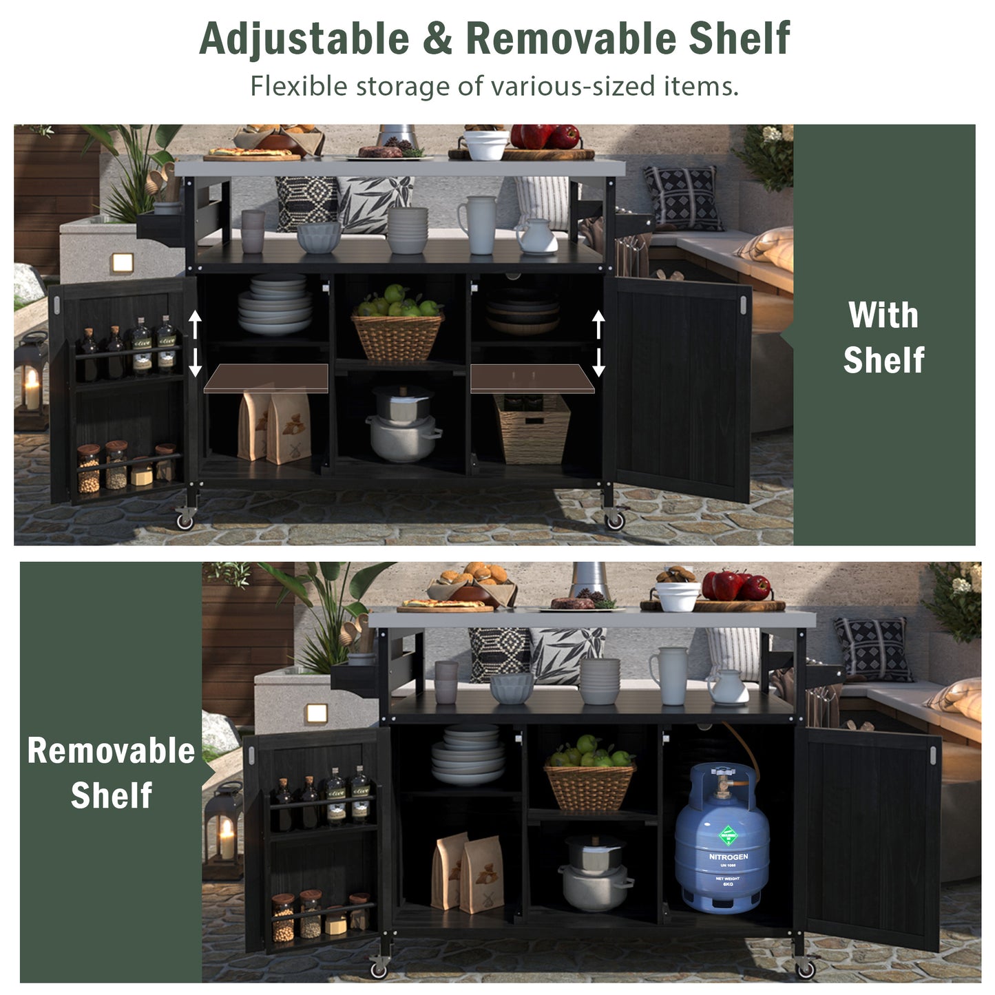 K&K Outdoor Kitchen Island, Rolling Bar Cart & Storage Cabinet, Farmhouse Solid Wood Outdoor Grill Table With Stainless Steel Top, Spice Rack , Towel Rack For Kitchen & Barbecue, Black