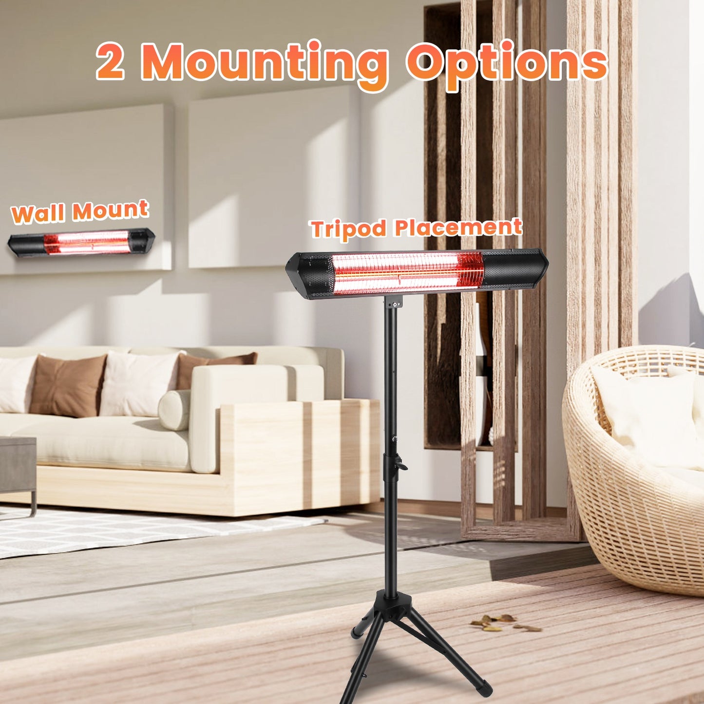 1500W Infrared Heater With Stand Electric Outdoor Patio Heater IP65 Waterproof Tripod Wall Mount With 2 Remotes 3 Heating Levels For Home Restaurant Yard Office Garage