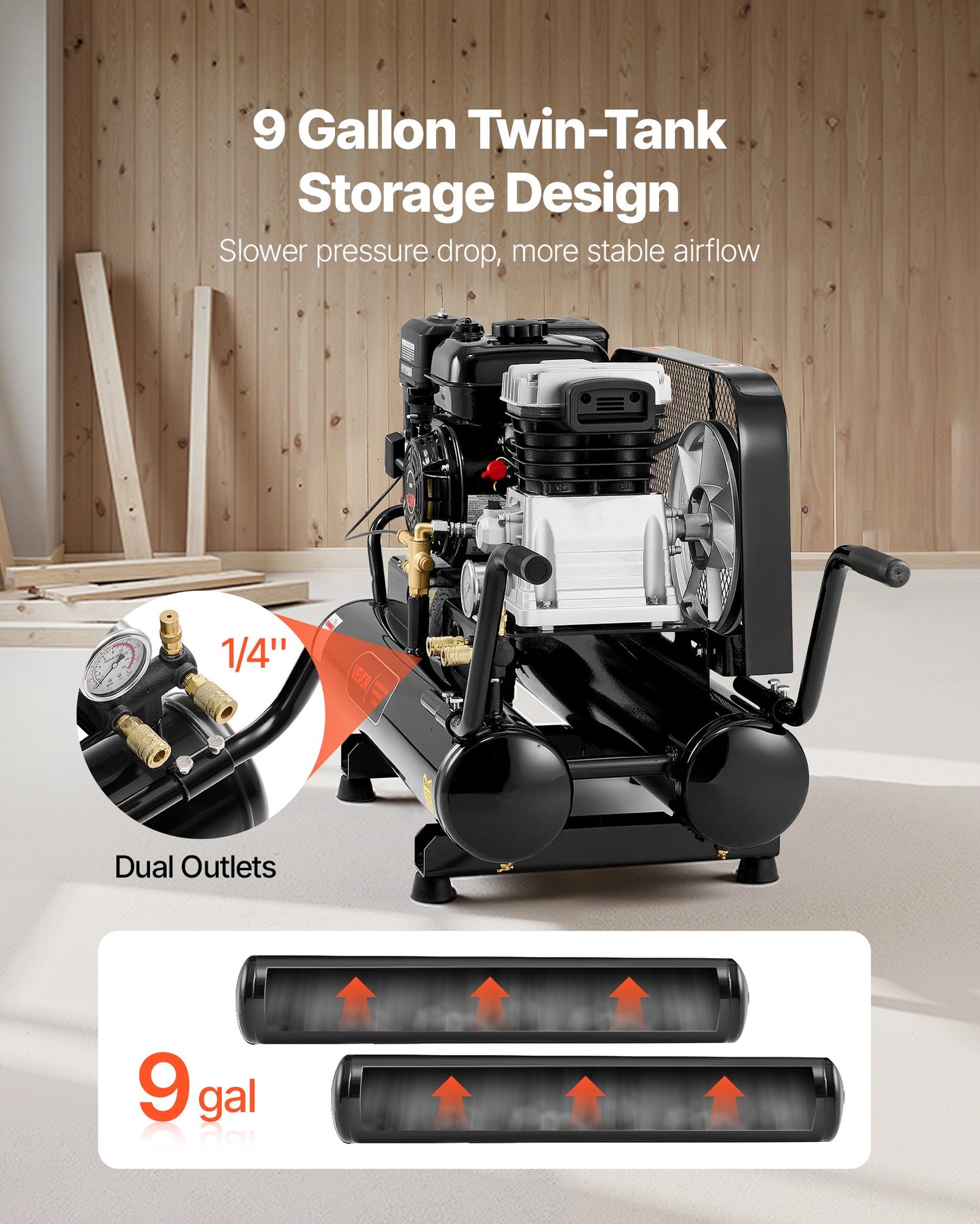 9 Gallon Twin-Tank Gas Powered Air Compressor, 6.5HP 9CFM Gas Driven Air Compressor Tank On Wheel, Max 115PSI Piston Pump Air-Compressed System For Tire Inflation, Auto Repairs, Spray Painting