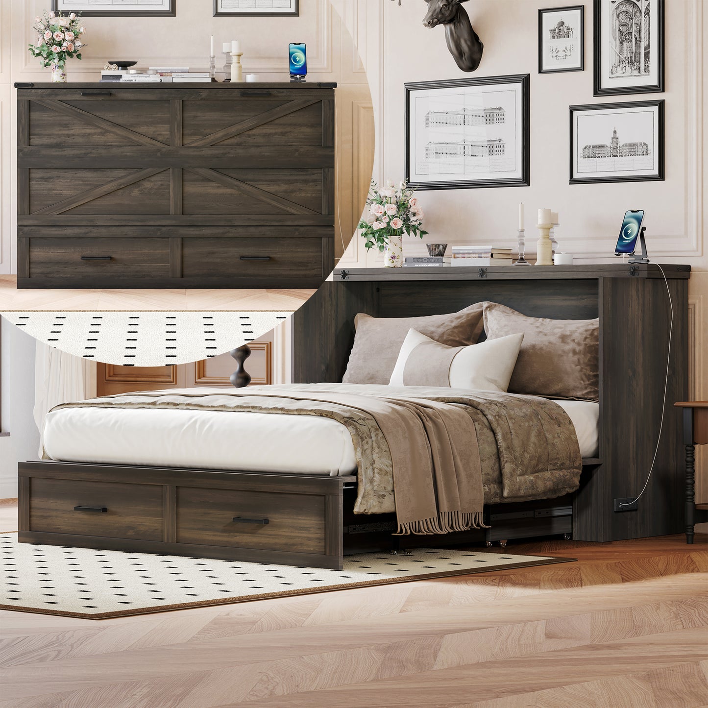 Queen Size Farmhouse Murphy Cabinet Bed With Charging Station, Foldable Platform Bed With Large Storage Drawer For Guest-Room, Small Bedroom, Rustic Gray