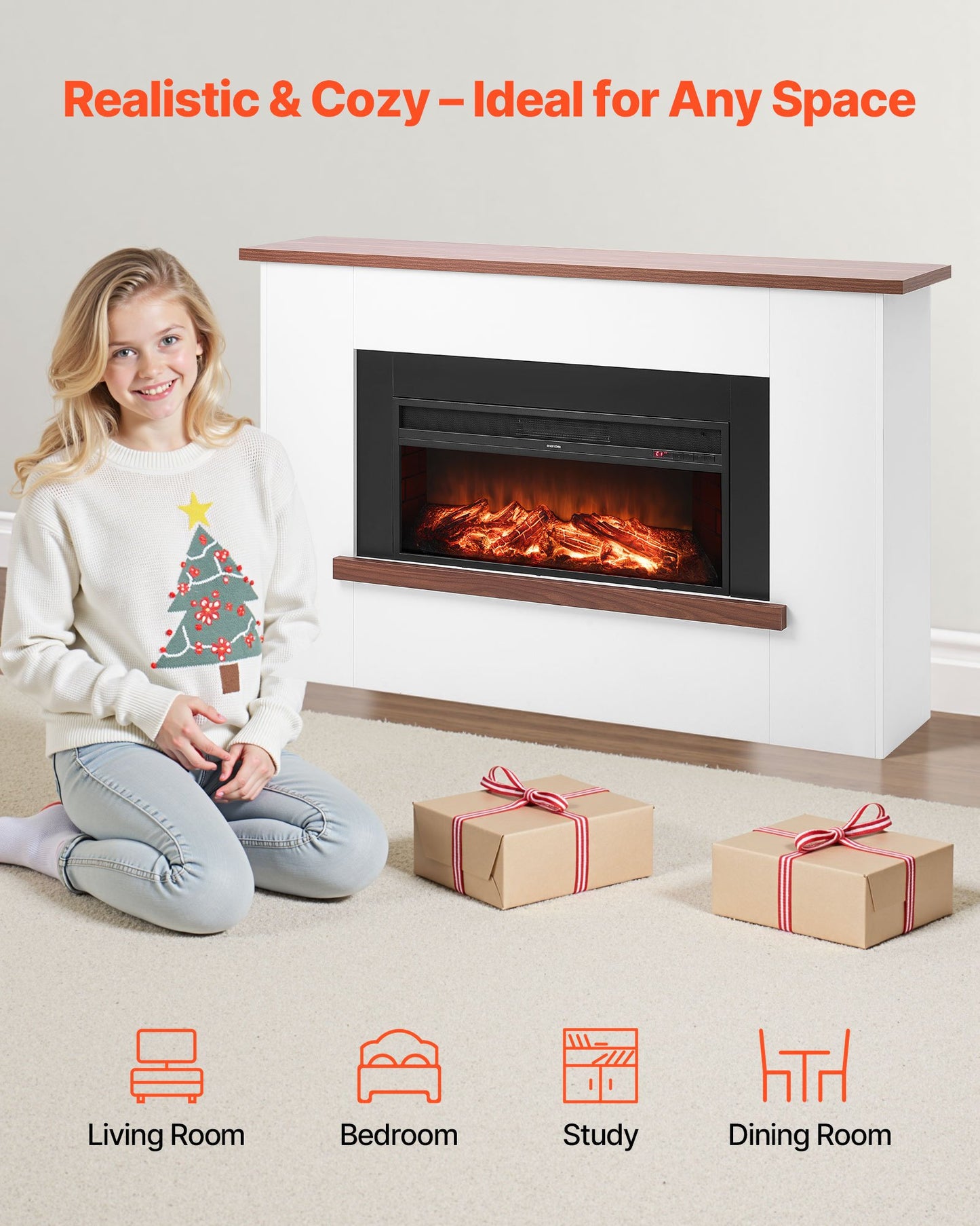 65.5 Inch Freestanding Fireplaces, 1500W 5120BTU Fake Electric Fireplace Stove Heater With Mantel, Overheating Protection, Adjustable Flames,Timer, Remote, For Living Room,Bedroom