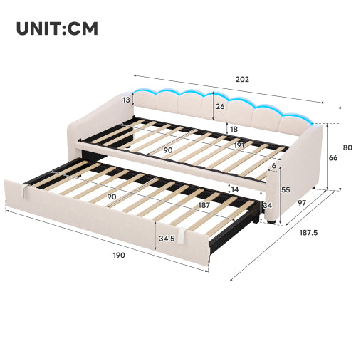 Upholstered Bed 90x190cm, Daybed, Sofa Bed With RGB LED Lighting, 3ft Petal Shape Single Bed With Trundle,Pull Out Trundle Bed For Living Room BedroomStudy Room, Velvet, Beige