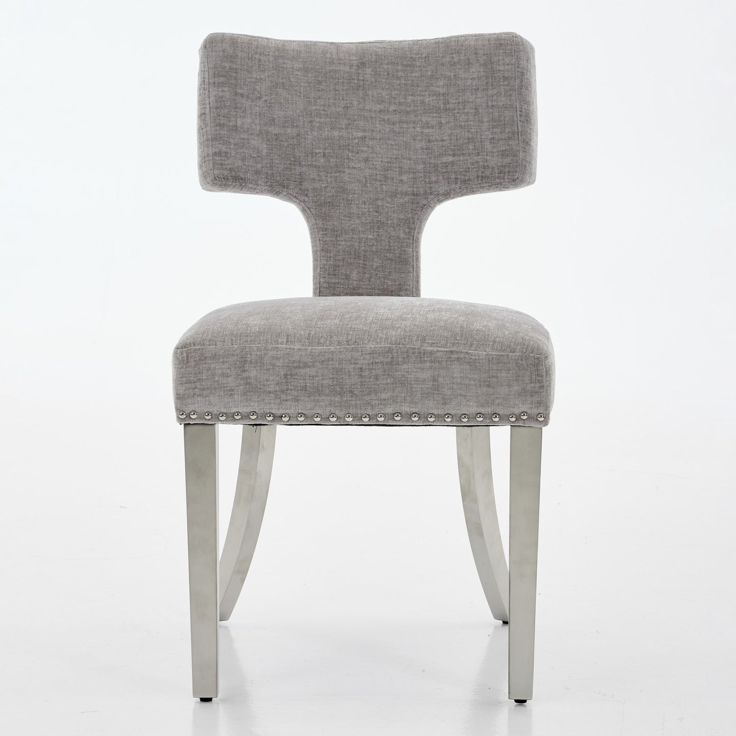 Mid Century Modern Dining Chairs Set Of 2, Farmhouse Chenille Fabric Upholstered Accent Chair Curved Backrest With Copper Nails Around,Kitchen Chairs With Silver Brushed Stainless Steel Legs, Gray