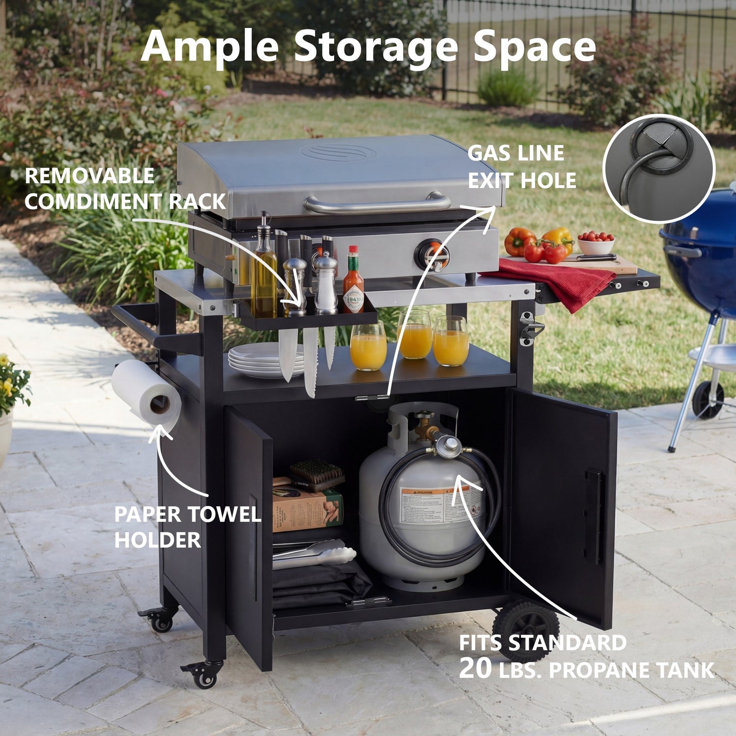 K&K Outdoor Grill Cart With Storage Cabinet, Outdoor Metal Kitchen Island With Foldable Table, Pizza Oven Table With Wheels & Stainless Steel Top & Hooks & Spice Rack For BBQ,Waterproof Cover Included