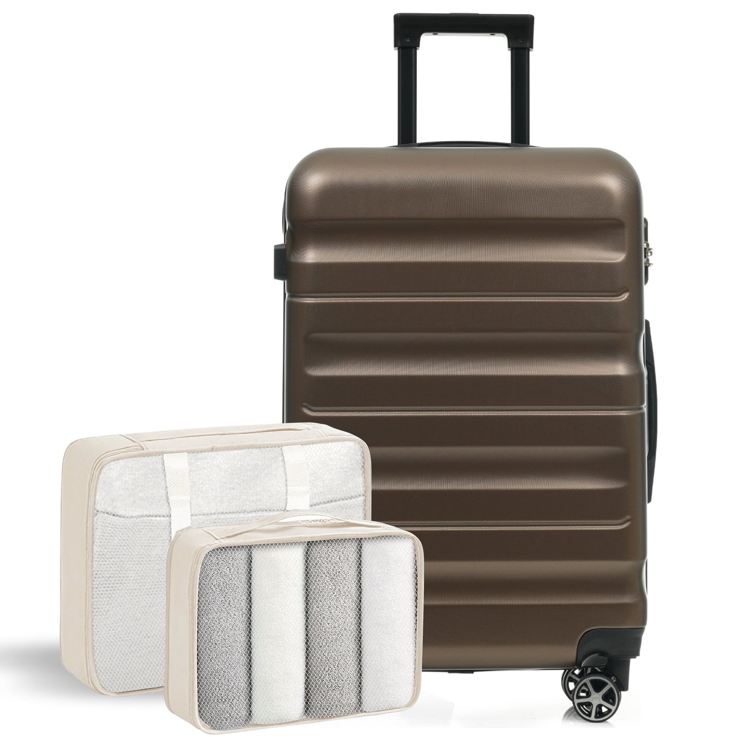 Hardshell ABS Luggage Set, 24-Inch Checked Suitcase With Spinner Wheels, Lightweight Travel Luggage With 2 Packing Cubes For Men  Women