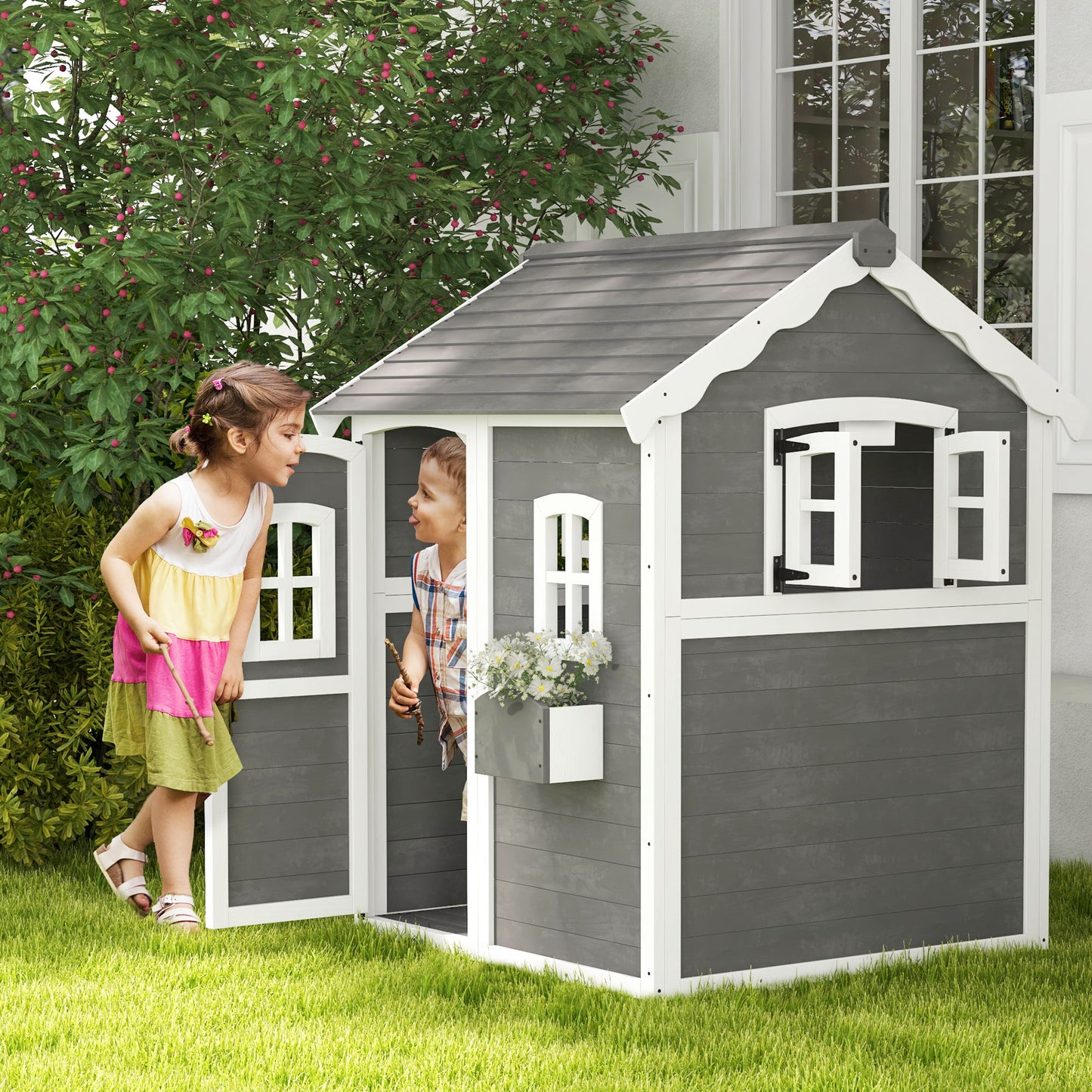 Outdoor Wooden Playhouse for Kids with Floor, Door, Windows, Planter Box for 3-8 Years Old, Backyard, Lawn, Garden