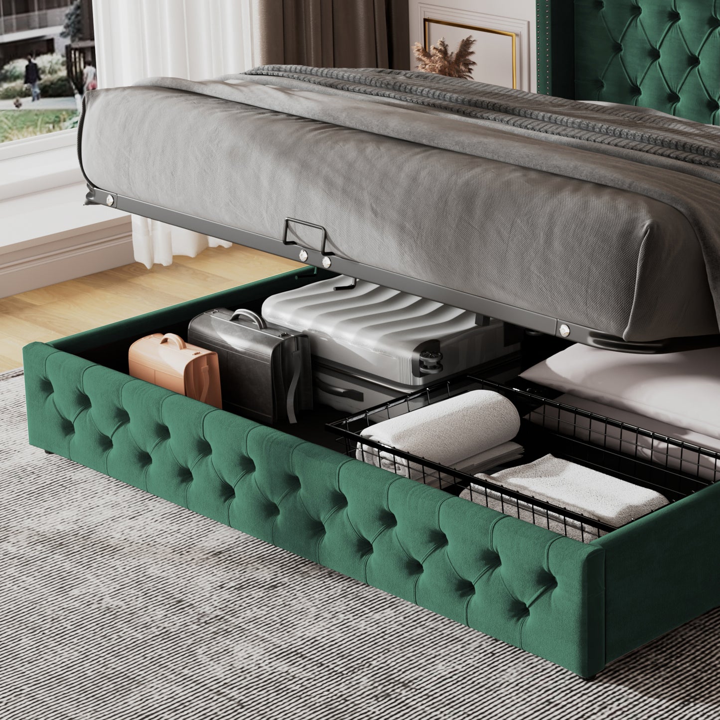 Upholstered Bed, 135x190, With Hydraulic Lever, Functional Bed From Storage,velvet, Green