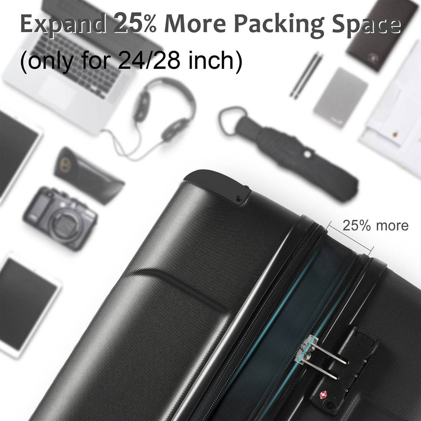 Hardshell Luggage, Lightweight Durable ABS Suitcases With Double Wheels, Expandable 24 Inch Checked Travel Luggage Black