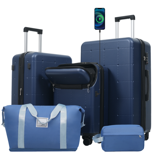 Hardside Luggage Set 5 Piece With Bags,20IN Half-opening Carry On Luggage With USB Port, Expandable 24IN 28IN Luggage With Double Spinner Wheels TSA Lock