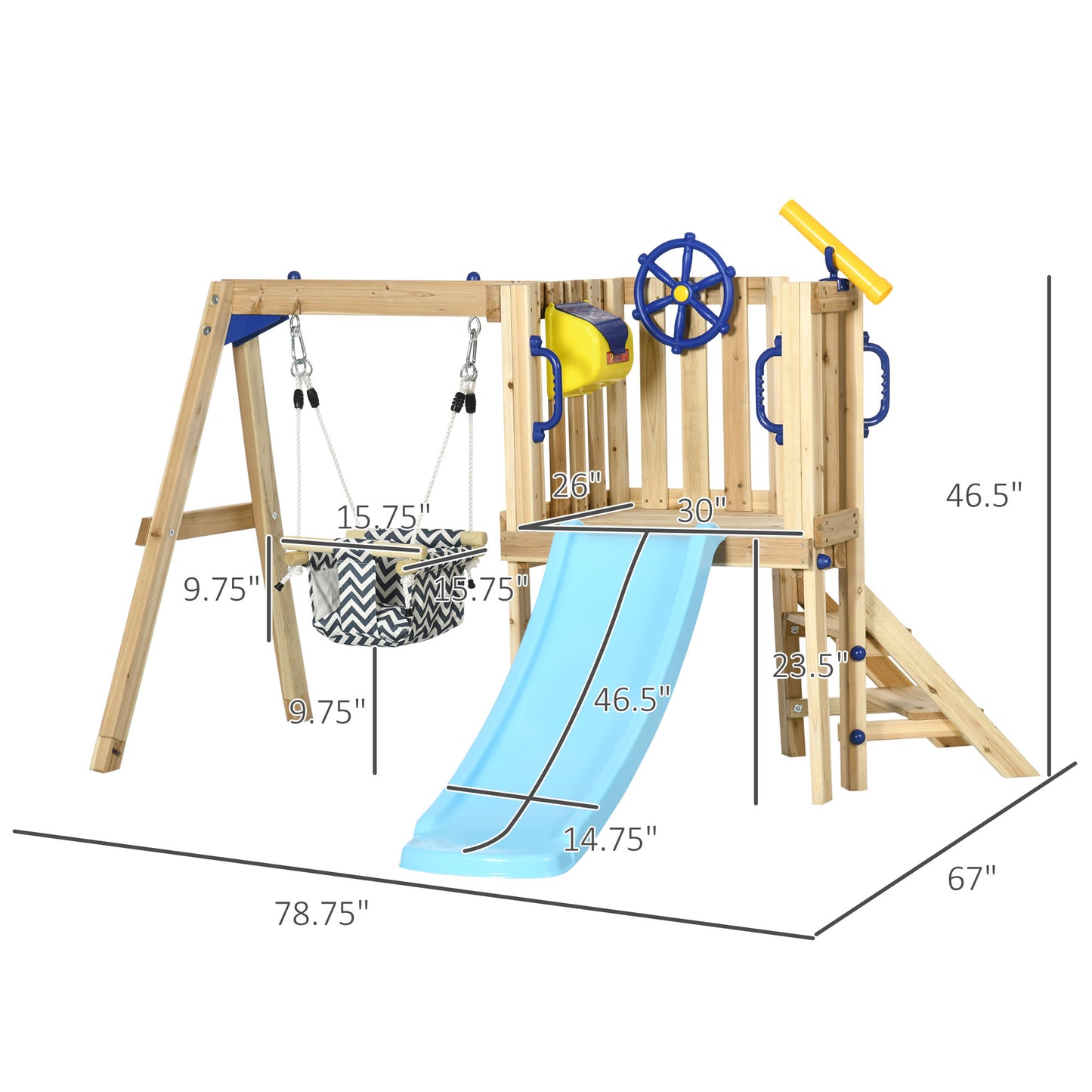 Swing Set for Backyard, Wooden Toddler Outdoor Playset with Baby Swing Seat, Kids Slide, Fort, Playground Equipment with Captain's Wheel, Telescope for Ages 1.5-4, Natural