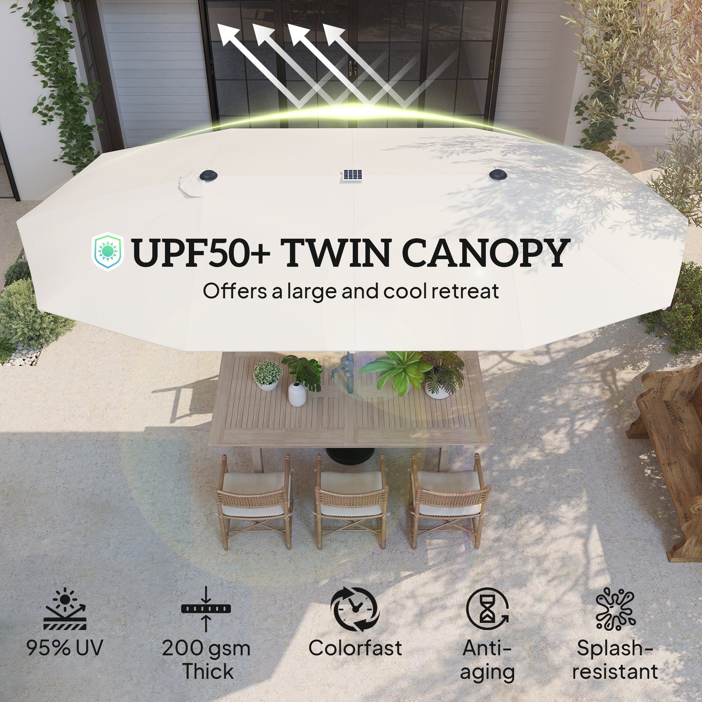 15ft Double-Sided Outdoor Umbrella With Solar Lights, Extra Large Aluminum Patio Umbrella With Crank, Cream White