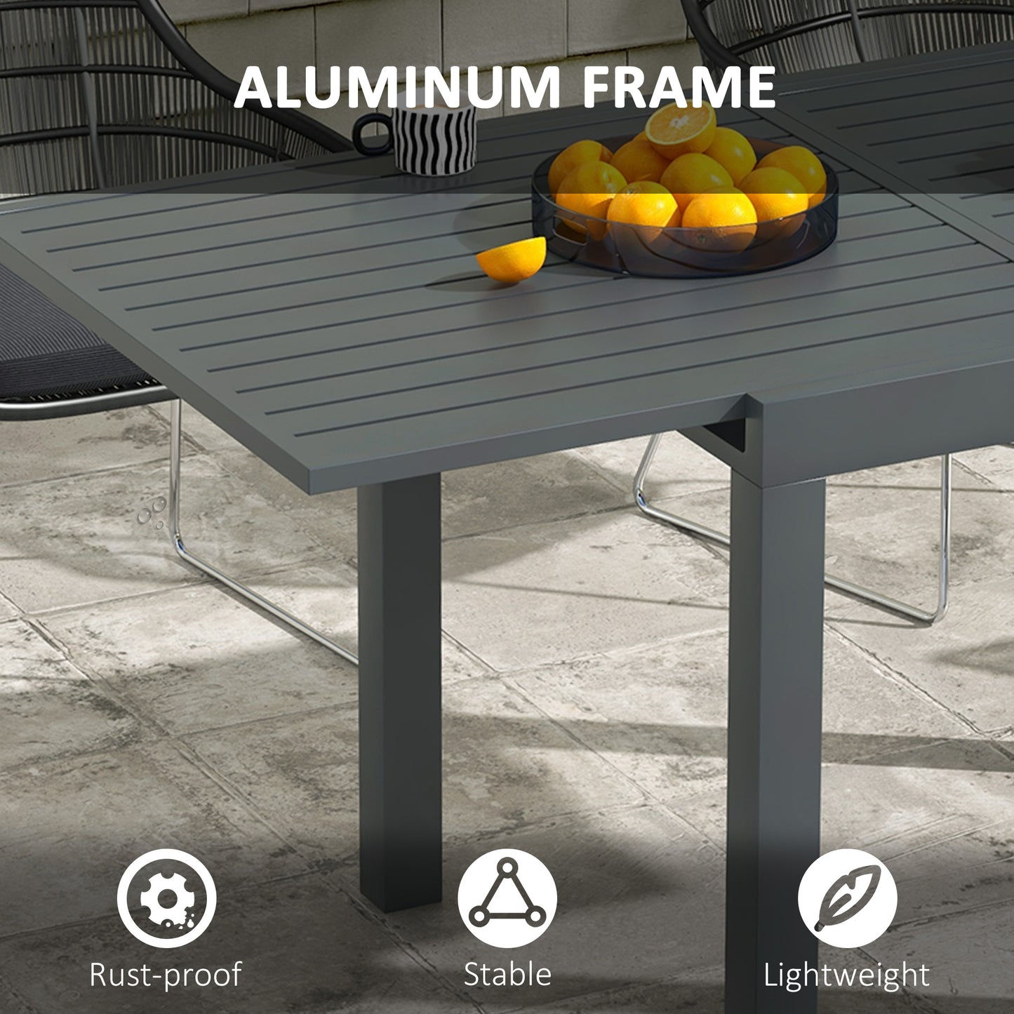 Expandable Patio Table, Outdoor Dining Table for 4-6 with Aluminum Frame for Garden, Lawn, Balcony Terrace, Gray
