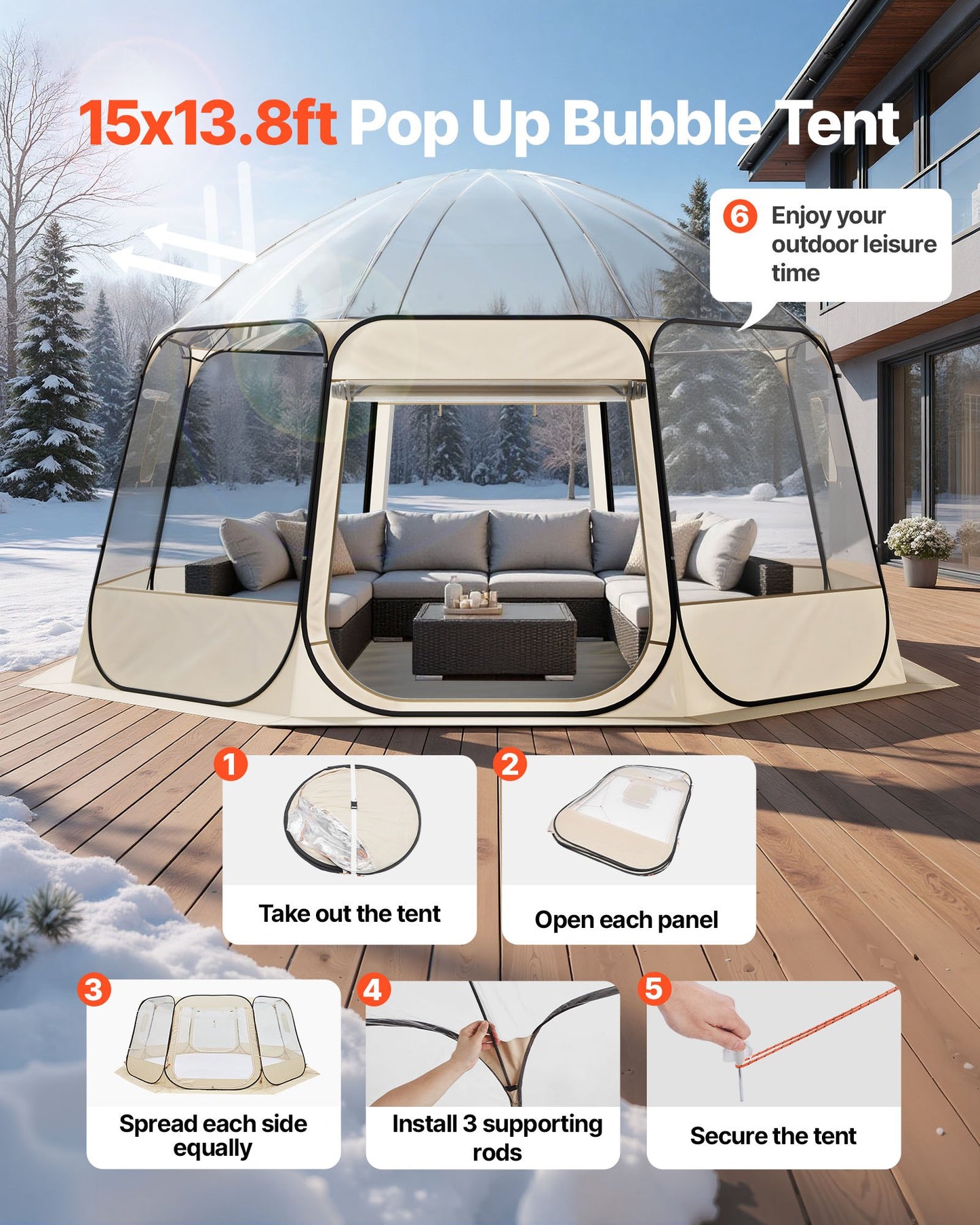 Pop Up Bubble Tent, 15 X 13.8 Ft Waterproof & UV-Resistant, Clear Camping Tent Shelter, Outdoor Garden Dome Igloo Tents With Windows, 540° Panoramic View, For 12-15 Persons Patio Backyard