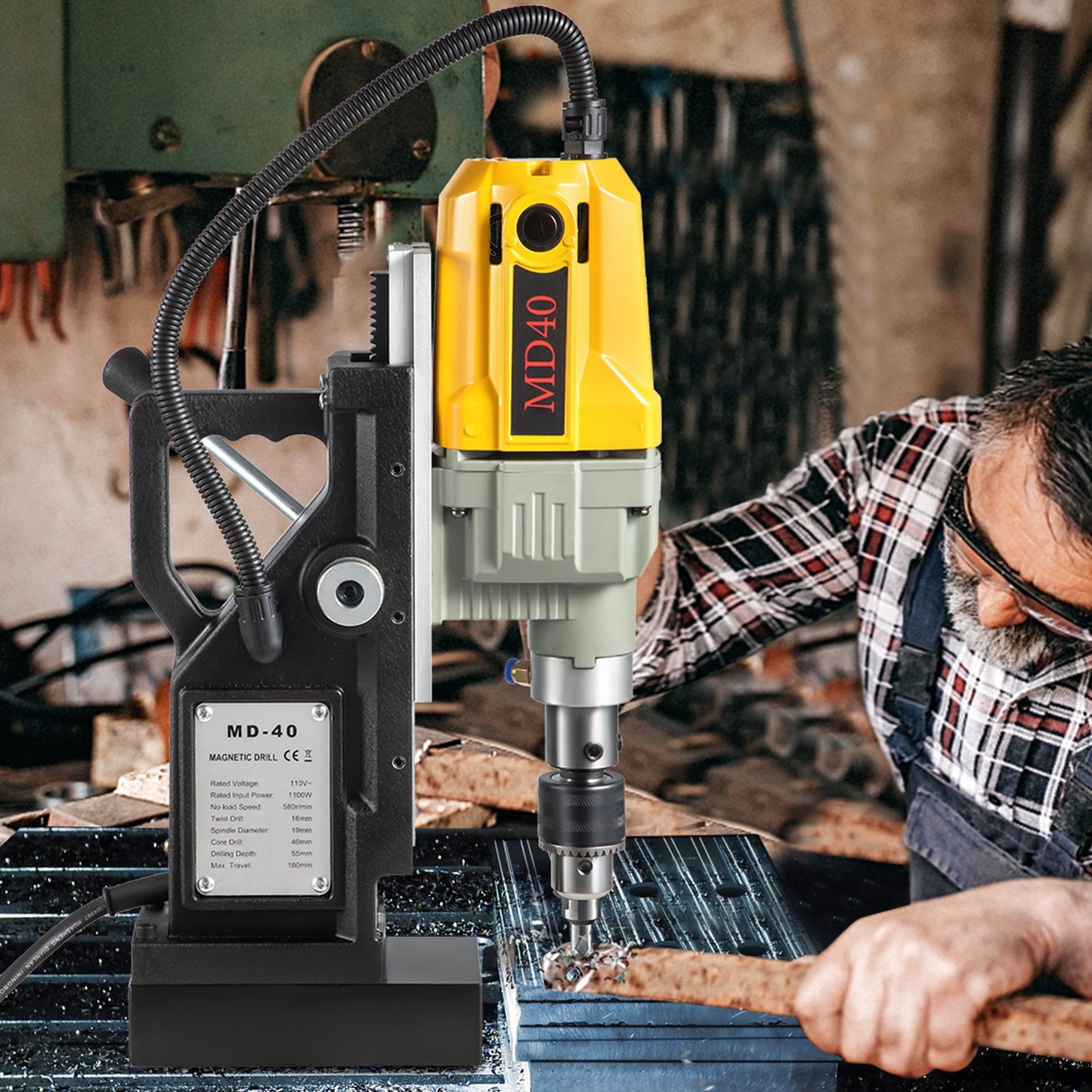 Magnetic Drill, 1100W 1.57' Boring Diameter, 2697lbf,12000N Portable Electric Mag Drill Press With 12 Drilling Bits, 580 RPM Max Speed Drilling Machine For Any Surface And Home Improvement