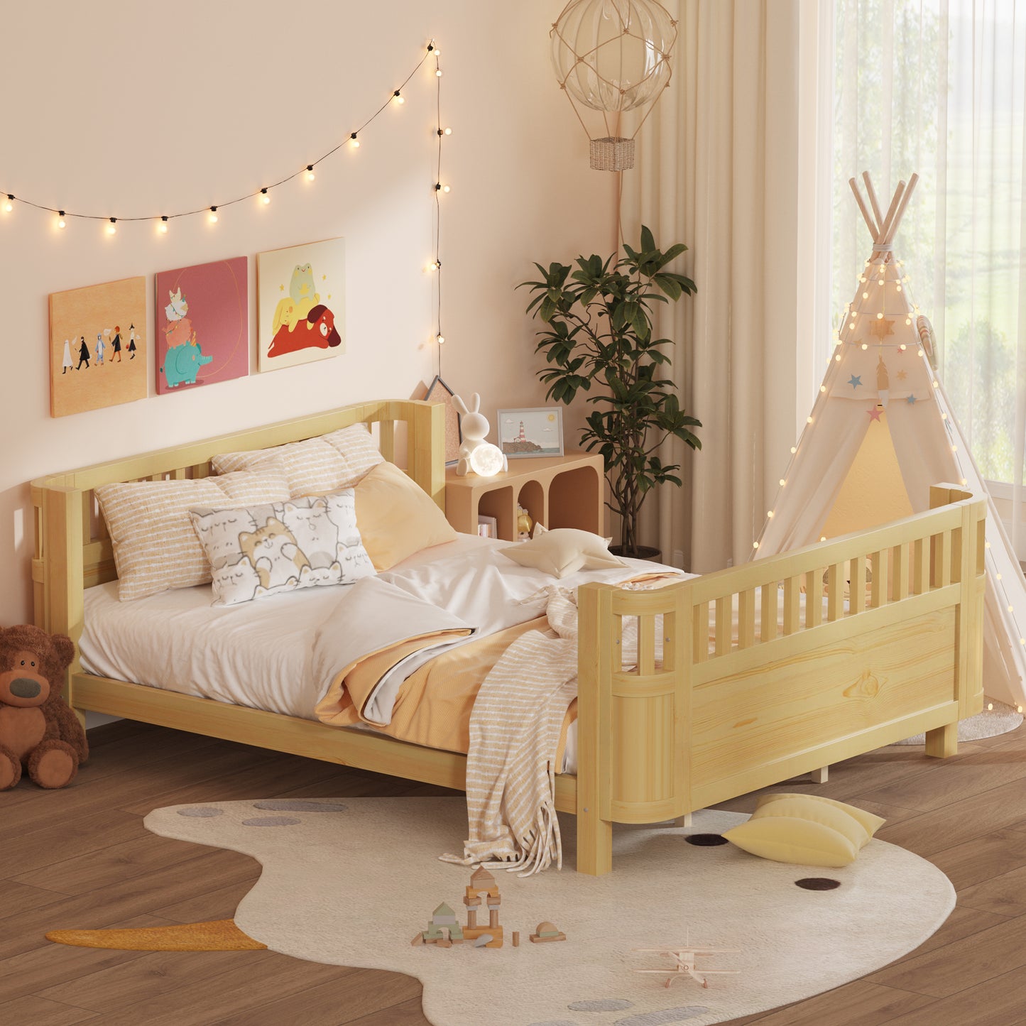 Queen Size Wood Platform Bed, Wood Low Profile Queen Bed With Rails For Girls And Boys,NaturalExpect Arrival Date 2026 3 30