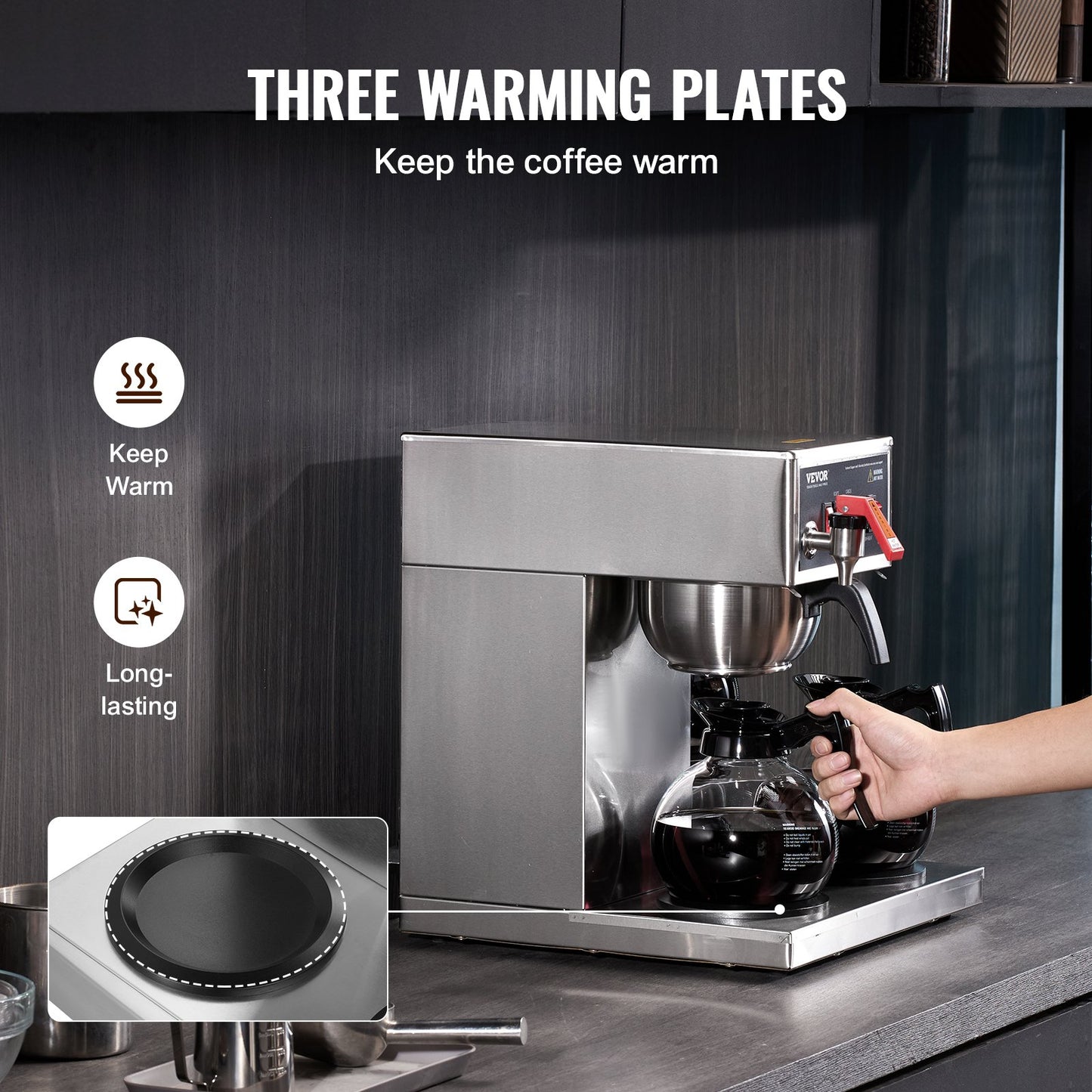 12 Cups Commercial Drip Coffee Maker With 3 Glass Carafes And 3 Warmers Office