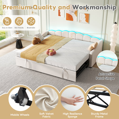 Upholstered Bed 90x190cm, Daybed, Sofa Bed With RGB LED Lighting, 3ft Petal Shape Single Bed With Trundle,Pull Out Trundle Bed For Living Room BedroomStudy Room, Velvet, Beige