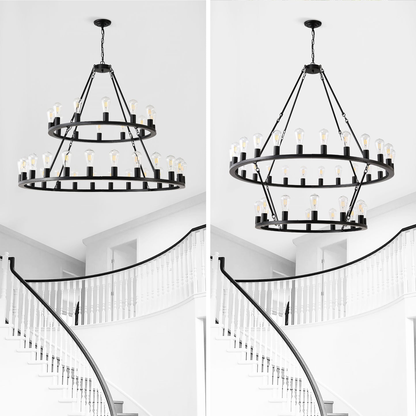 48 Inch Black Extra Large Wagon Wheel Chandelier, 2 Tier 36-Lights No Include Farmhouse Industrial Round High Ceiling Pendant Light Adjustable Chain, For Dining Room, Living Room,Kitchen