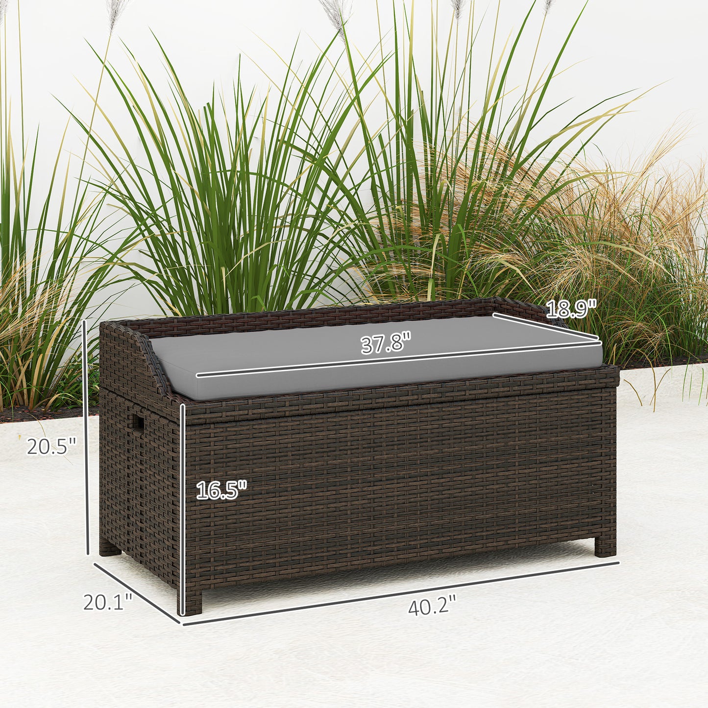 Outdoor Wicker Storage Bench With Storage & Cushion, Gray