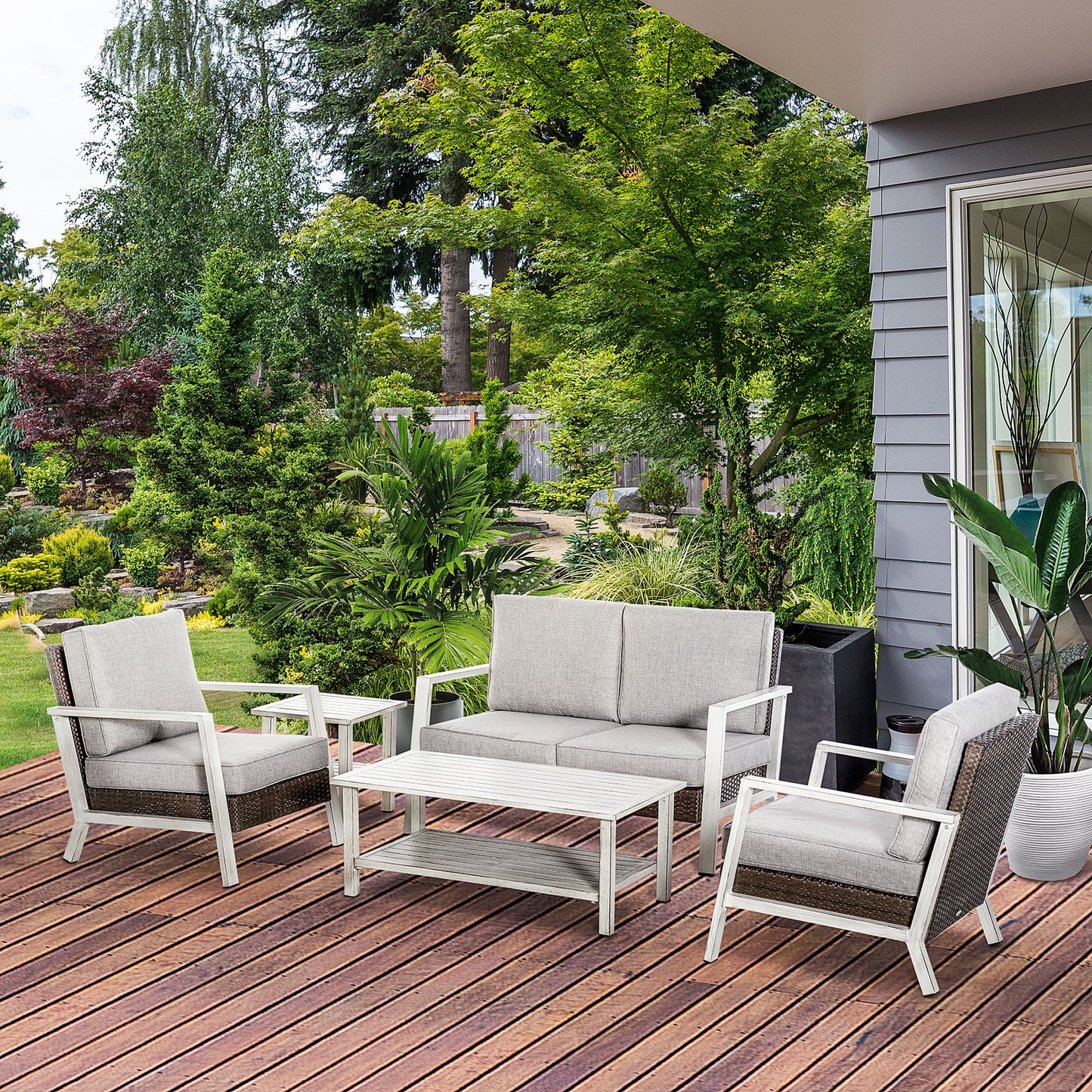 Aluminum Patio Furniture Set, 5 Piece Modern Outdoor Conversation Set with Loveseat Sofa, Chairs, Cushions, Coffee Table & Side Table, Gray