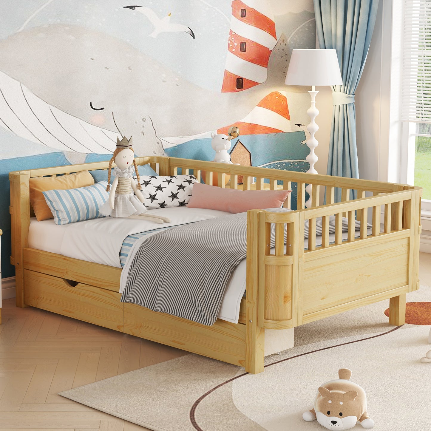 Twin Size Wood Platform Bed For Kids, Wood Low Profile Twin Bed With Rails For Girls And Boys, Natural Old SKU W2593P331680