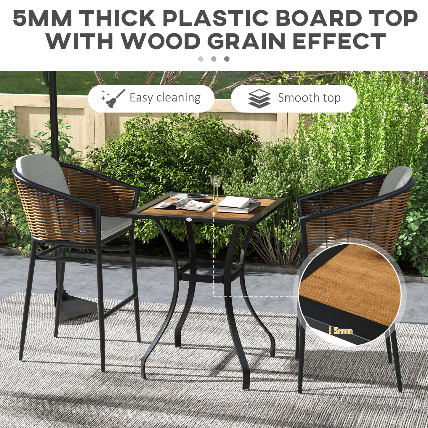 28" Outdoor Dining Table, Faux Wood Patio Furniture, Square Wood-Like Garden Table with Water Safe Design, Brown