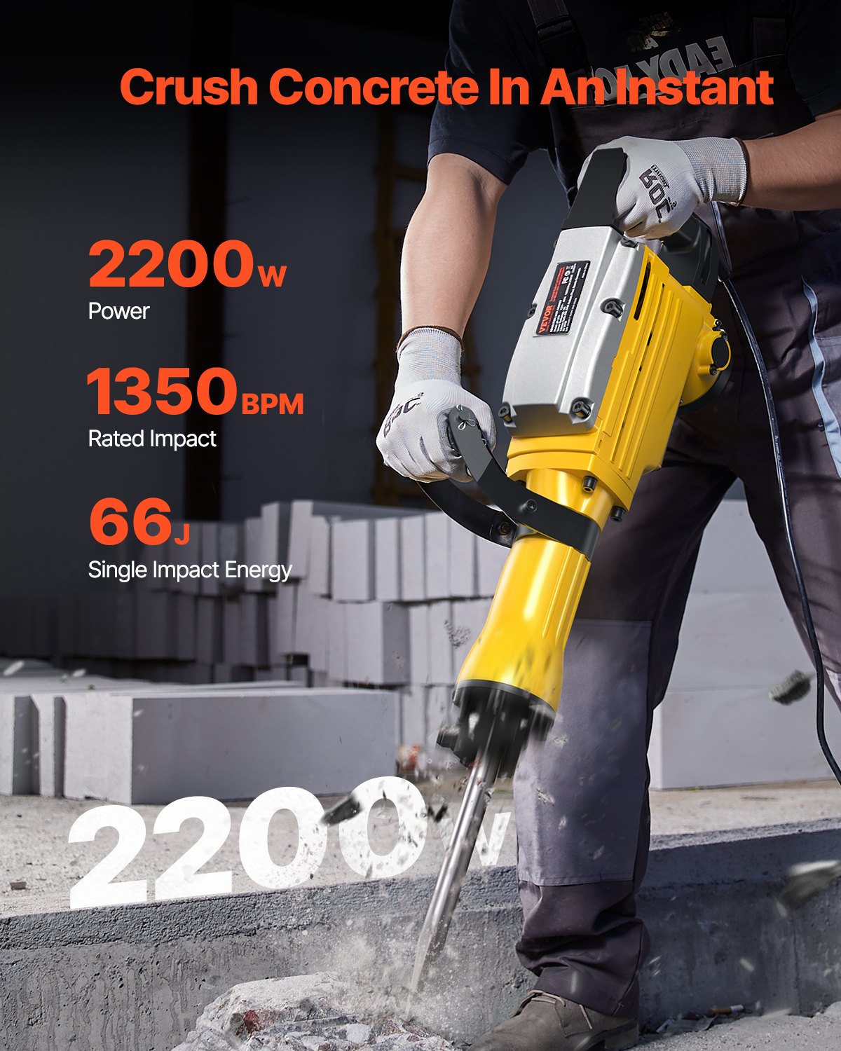 Demolition Jack Hammer Concrete Breaker 2200W Electric Hammer 4 Chisel Bit