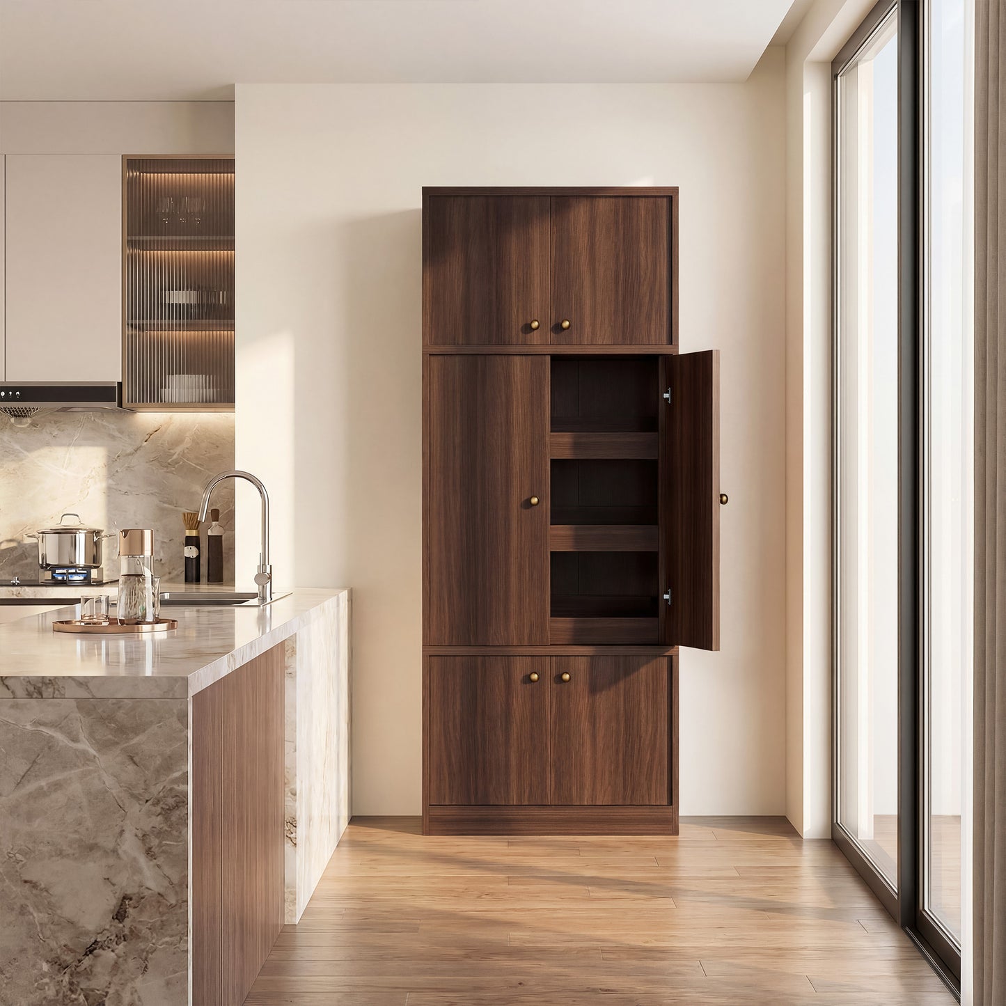 Tall Kitchen Pantry Cabinet 71 Inch Freestanding Storage Cabinet With Doors And Shelves, Adjustable Shelves, E1-Grade Wood, Walnut For Kitchen Pantry, Pantry Cabinets For Kitchen Storage
