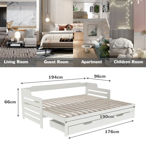Daybed, Trundle And Drawer, Cabin Bed, SIngle Guest Bed Sofa Bed, Pull Out Trundle And Storage Drawer For Living Room And Bedroom -  3 90 X190 Cm - White