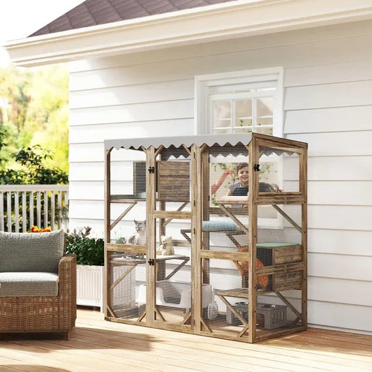Outdoor Cat Enclosure With Window Access, 5 Platforms And 2 Resting Boxes, Waterproof Roof For Multiple Cats