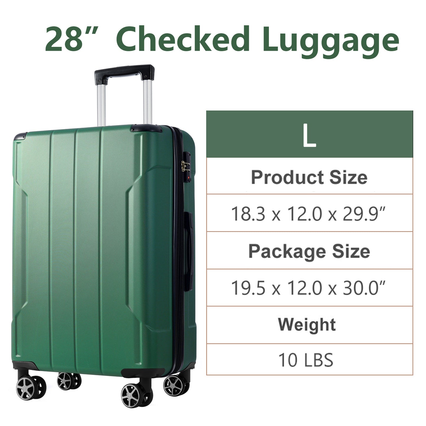 Hardshell Luggage, Lightweight Durable ABS Suitcases With Double Wheels, Expandable 28-inch Checked Luggage 28 Green