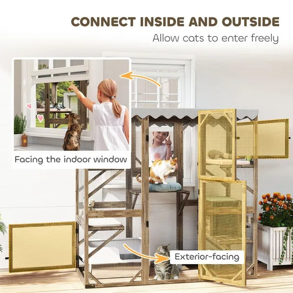Outdoor Cat Enclosure With Window Access, 5 Platforms And 2 Resting Boxes, Waterproof Roof For Multiple Cats