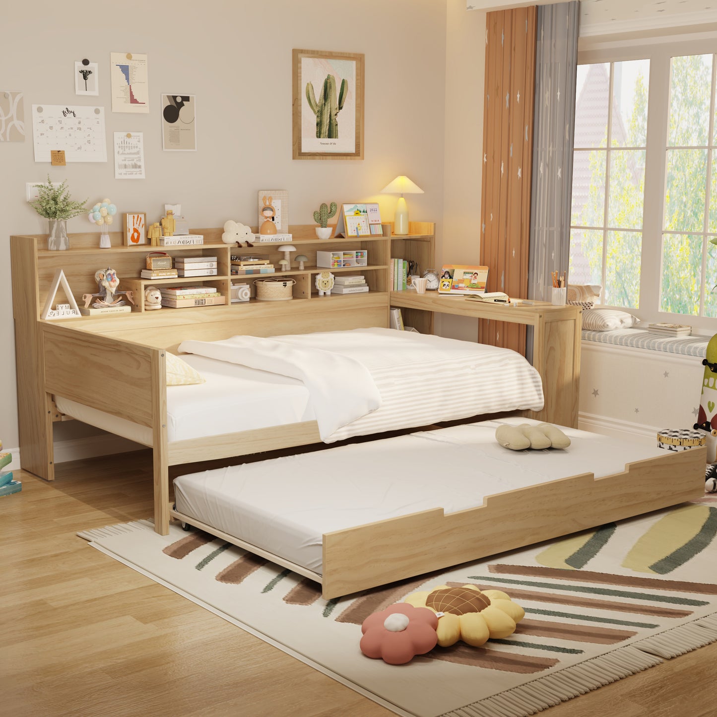 Wooden Twin Size Daybed With Storage Shelves, Multi-functional Bed With Twin Size Trundle Bed And  Study Desk, Natural