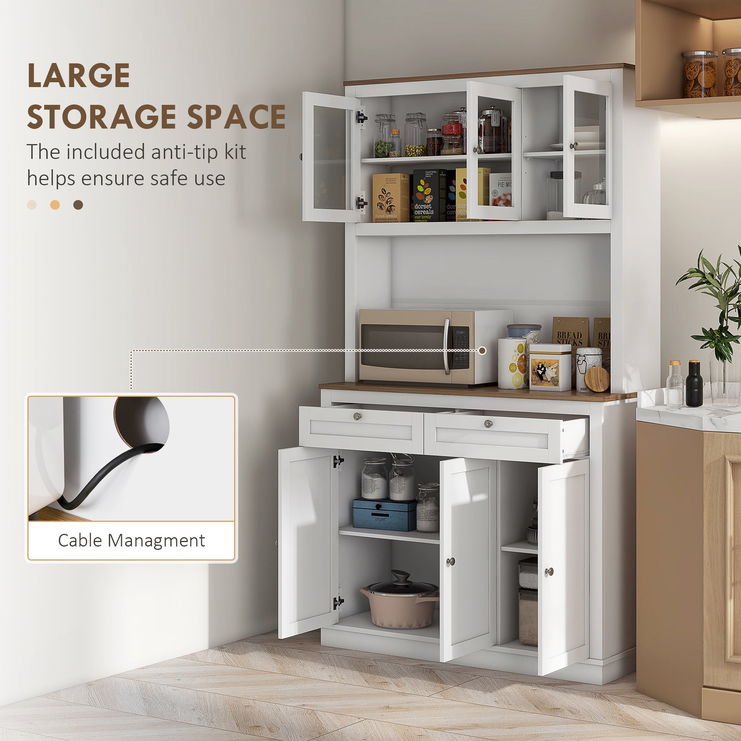 71" Kitchen Pantry Cabinet With Microwave Stand, Kitchen Hutch With 2 Drawers And Adjustable Shelves, White