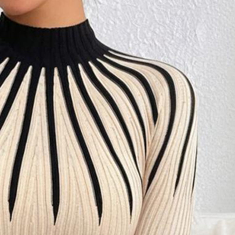 Womens Slim Fit Mock Neck Sweater, Ribbed Striped Long Sleeve Knit For Fall Winter