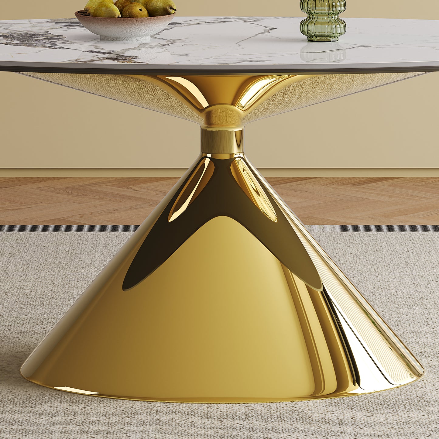 71 Modern Luxury Marble Dining Table Set For 4-6 People - Oval Kitchen Table With Gold Stainless Steel Base  - Elegant Contemporary Dining Room Furniture-Only Table