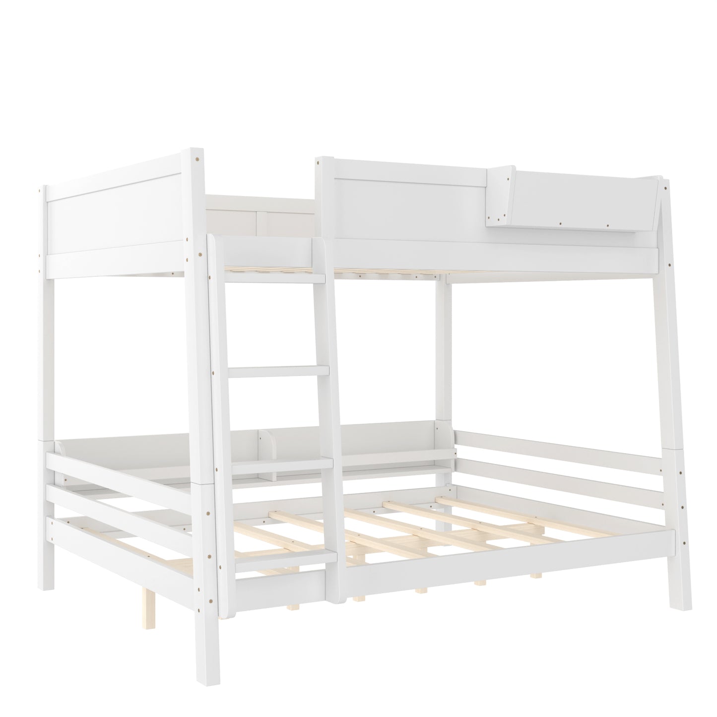 Queen Bunk Bed With  Storage Shelf And Bookshelf,Wood Bunk Bed With Ladder And Guardrails,Detachable Design,White
