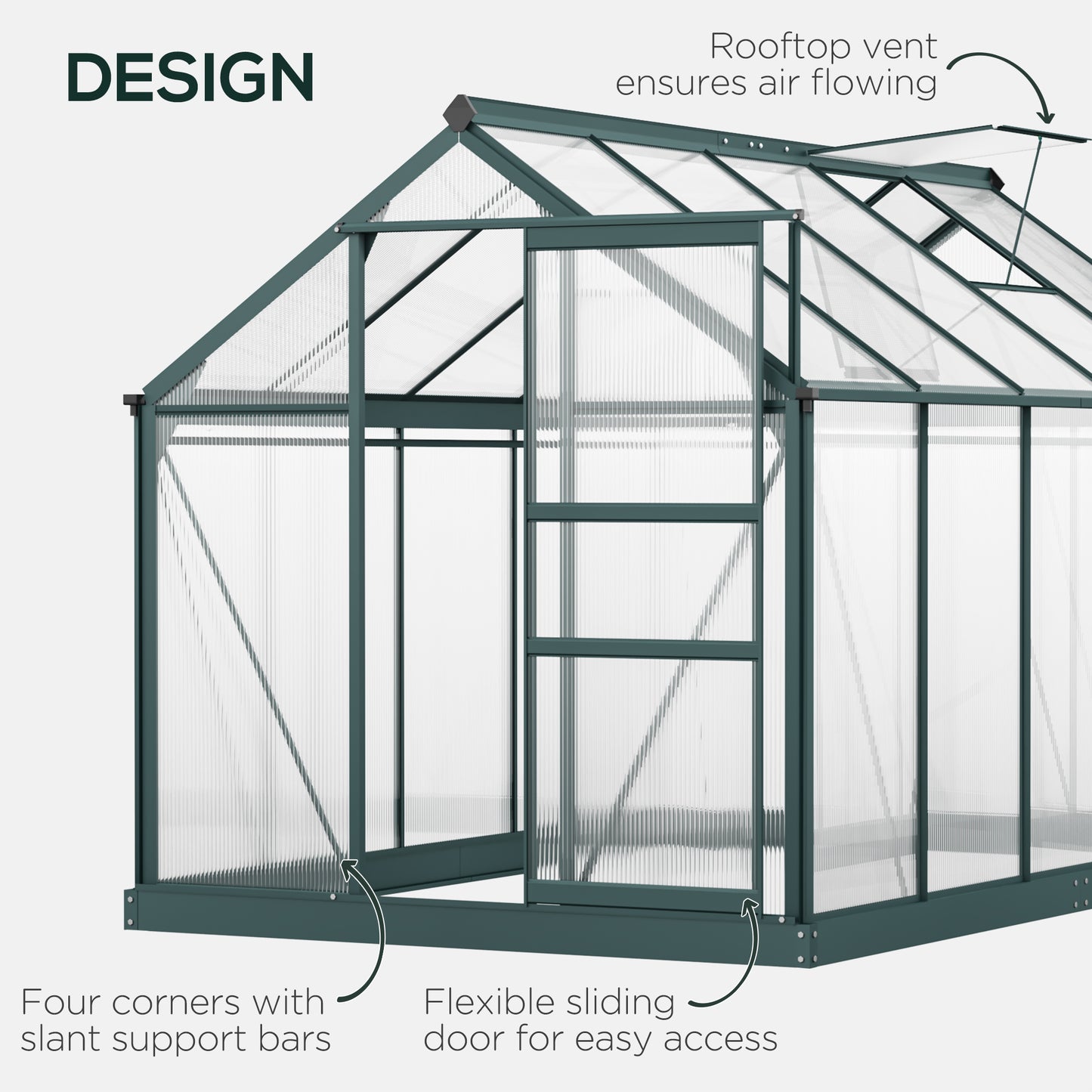 6' x 10' Greenhouse for Outdoors, Polycarbonate Greenhouse with Rain Gutter and Roof Vent, Aluminum Walk-in Green Houses for Outside for Patio Backyard Garden, Dark Green