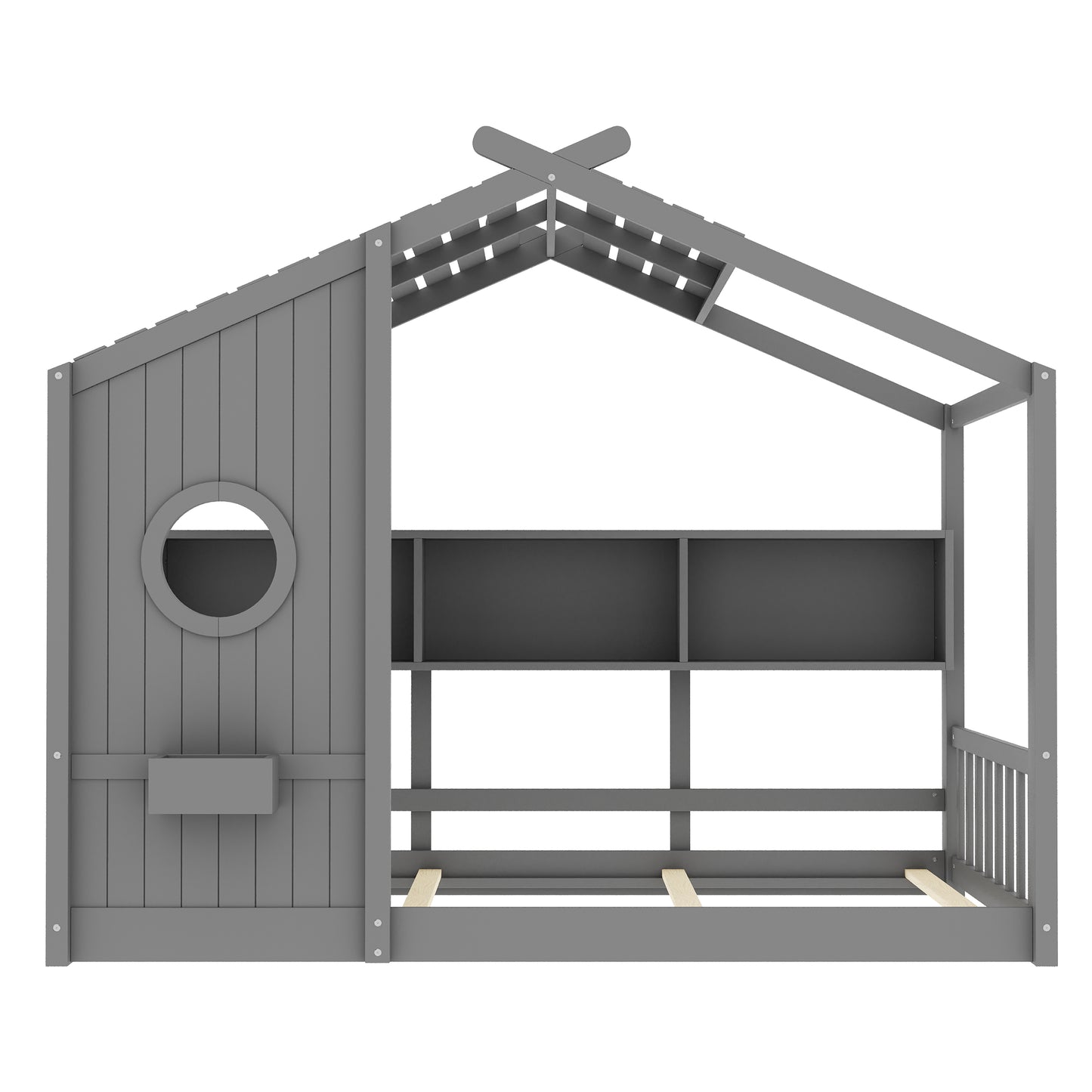 Twin Size Floor House Bed For Toddler, Kids Montessori Bed  With Storage Shelf, Playhouse Bed With Roof Design, Gray